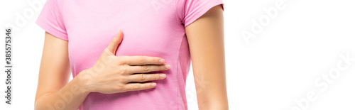 Wallpaper Mural Website header of woman in pink t-shirt touching breast isolated on white, concept of breast cancer Torontodigital.ca