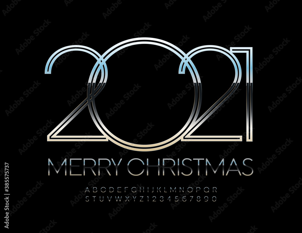 Vector premium greeting card Merry Christmas 2021! Elegant Silver Alphabet Letters and Numbers. Metallic shiny Font