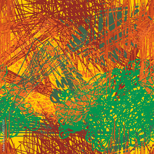 Abstract chaotic seamless pattern of shabby sloppy pen strokes. Urban autumn camouflage texture. Trendy colorful background.