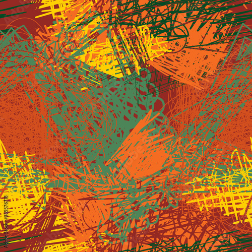 Abstract grunge repeatable pattern tile of shabby sloppy strokes. Urban autumn camouflage texture. Creative colorful background.