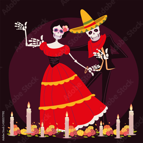 day of the dead, catrina and skeleton with costume mexican celebration