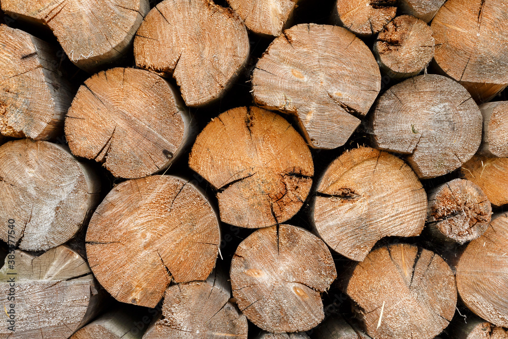 Round firewood stacked at woodpile. Wood texture and background. Round firewood stacked at woodpile. Wood texture and background.