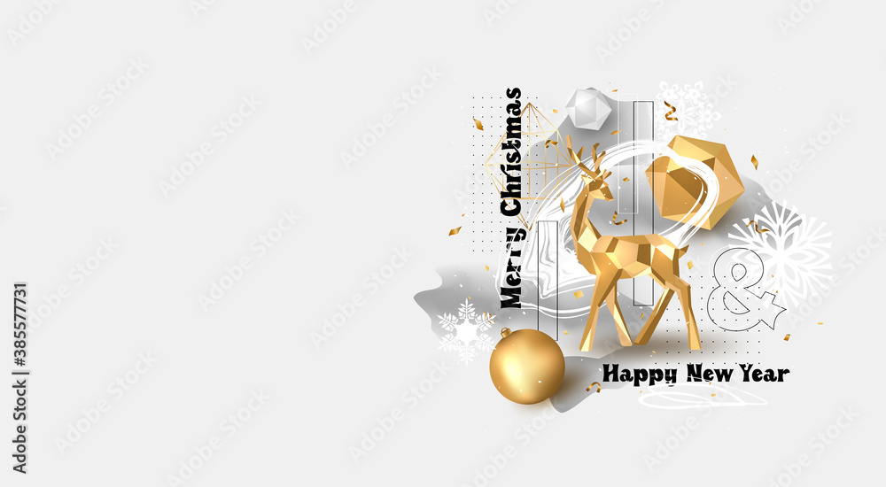 Merry Christmas and Happy New Year greeting card template. Vector illustration.
