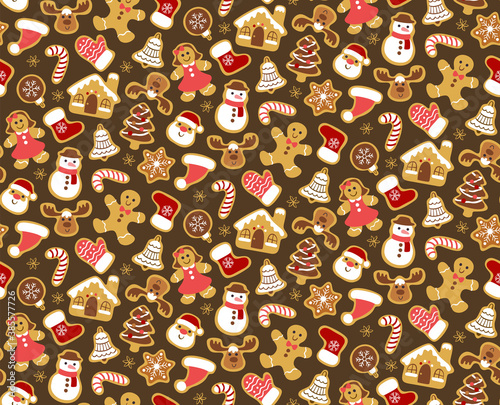 Christmas seamless pattern with gingerbread cookies isolated on dark brown background. Warm colors. EPS 10 vector illustration.