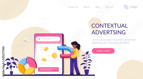 Contextual advertsing online service or platform. Woman with a magnet attracts coins. Marketing campaign and social network advertising. Modern flat illustration.