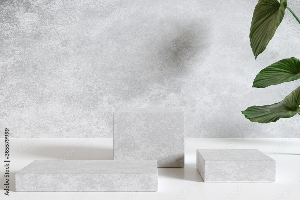 White marble product display podium with nature leaves. 3D render	 - obrazy, fototapety, plakaty 