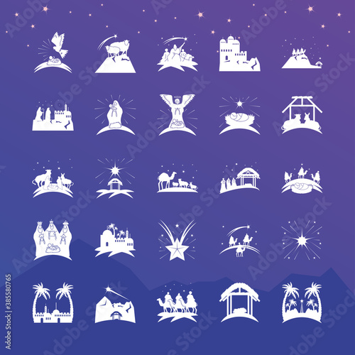 nativity, pack of icons manger holy family wise animals on blue background