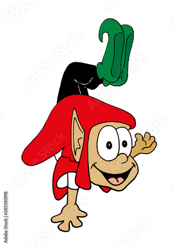 Cute funny elf character standing on one hand with his legs up, acrobatics. Cartoon style vector illustration.