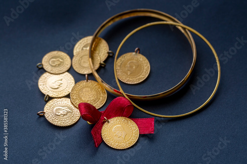 Fototapeta Naklejka Na Ścianę i Meble -  Traditional Turkish gold coins (Turkish name; Ceyrek altin)