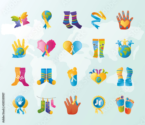 world down syndrome day, support awareness icons wold background