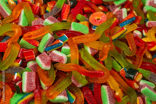 Assorted gummy candies. Top view. Jelly sweets background.