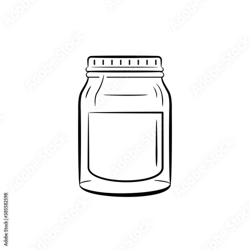 Glass jar with an empty label. Outline sketch. Vector, isolated on a white background.