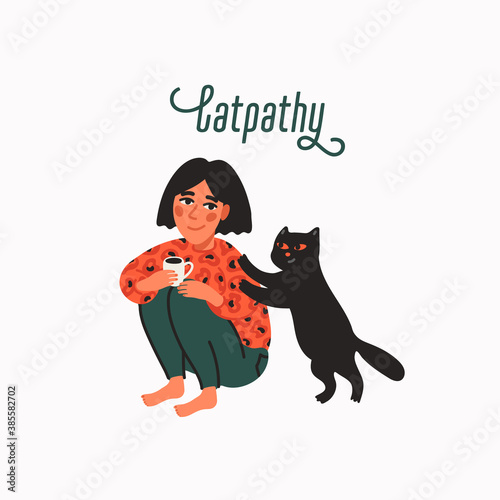 Empathy. Animal therapy and friendship - black cat comforting its owner woman.