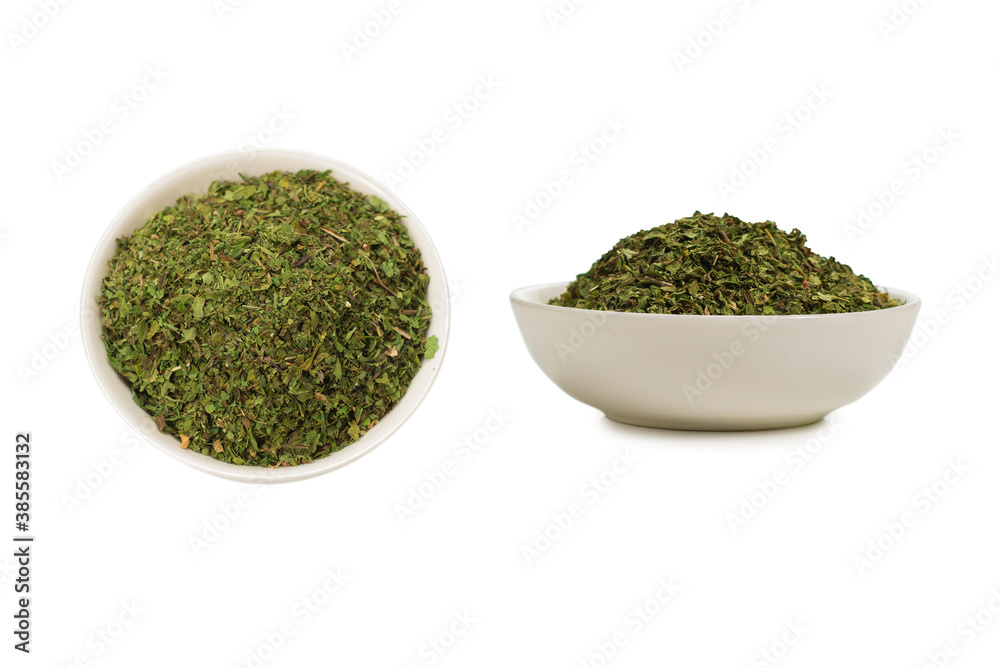 Dry mint in a bowl isolated.