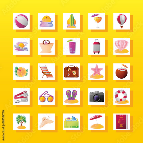 summer vacation travel, set related tourism relaxing, icons with shadow block detailed style