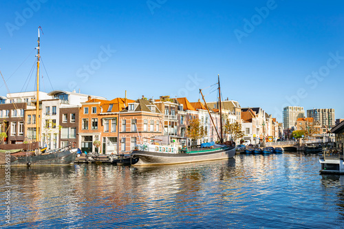 Picturesque view of boats and houses along "Galgewater", part of the Oude Rijn in the center of the city of Leiden, Holland.