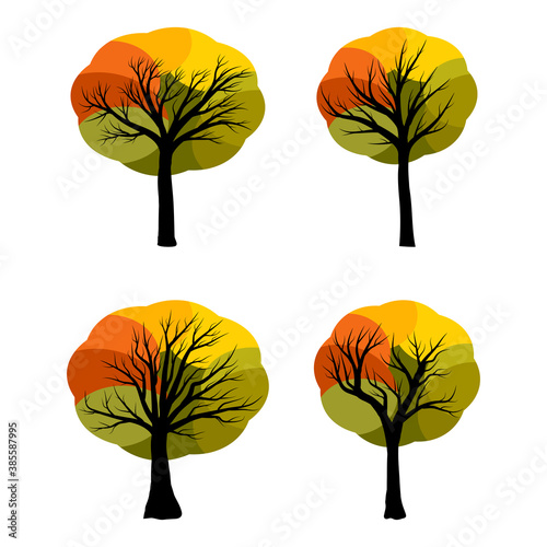Autumn trees vector set. Abstract autumnal tree collection. Cartoon illustration isolated on white background. Set of modern clip-art element. Colourful seasonal drawing. Eps 10 icon design.