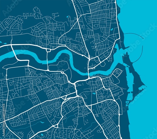Detailed map of Sunderland city, linear print map. Cityscape panorama.