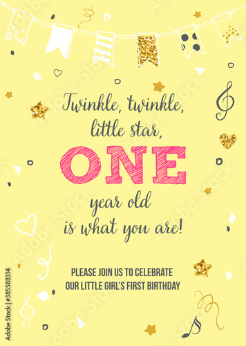 Twinkle, Twinkle, Little Star, Girl's First Birthday One Year Party Printable Invitation Vector Card