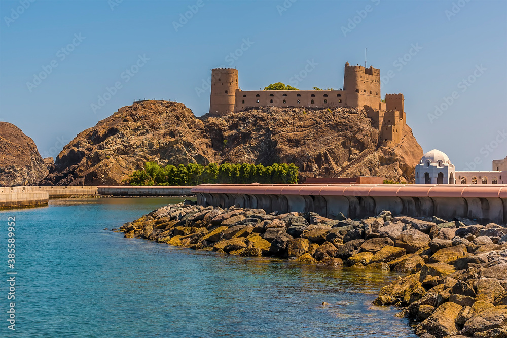 A view towards the Portuguese Fort in Muscat, Oman in late summer
