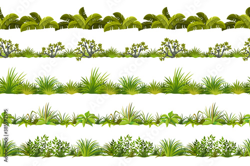 Set of seamless constructor green grass border. Vector fence of herb and tree for computer games isolated on white background.