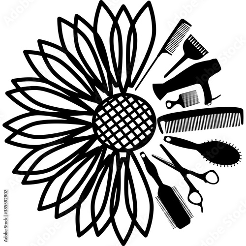 Sunflower Hairdresser Hair Stylist Tools Silhouette Vector