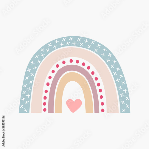Scandinavian boho rainbow with hearts in pastel colors. Hand drawn vector element for nursery decoration, baby shower, birthday, children's party, poster, invitation, postcard, kids clothes