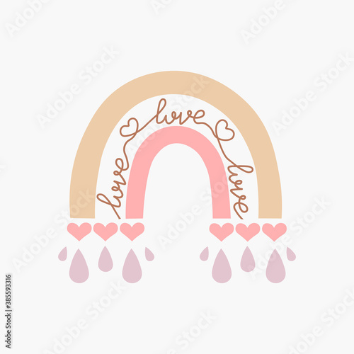 Scandinavian boho rainbow with hearts and love in pastel colors. Hand drawn vector element for nursery decoration, baby shower, birthday, children's party, poster, invitation, postcard, kids clothes