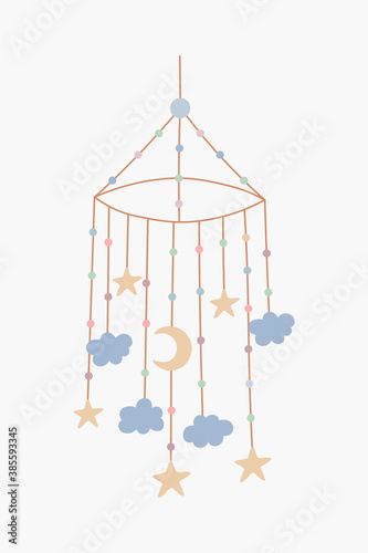 Scandinavian hanging baby toy, mobile for crib new born. Hand drawn vector element for nursery decoration, baby shower, birthday, children's party, poster, invitation, postcard, kids clothes