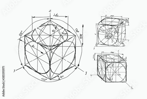 Construction of axonometry of a flat figure drawn vector circle in a cube from a lesson in cherry and geometry for schoolchildren and students