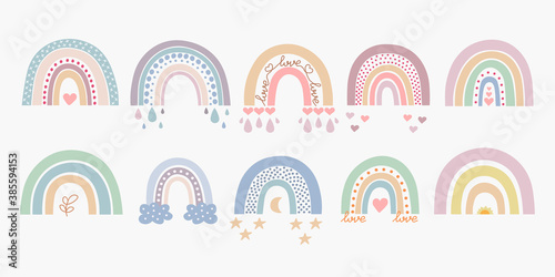 Fotografie, Obraz Scandinavian boho rainbows set with clouds, stars, drops, crescent in pastel colors