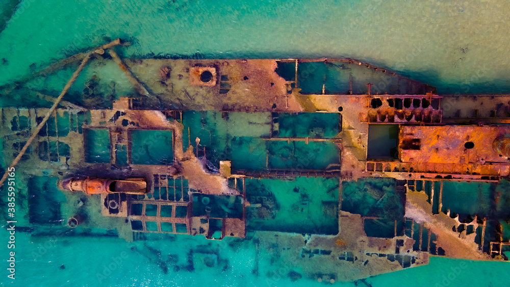 Drone pics over a shipwreck next to a tropical beach in Epanomi, Macedonia, Greece