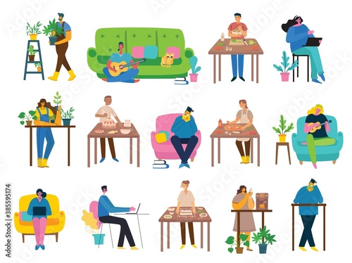 Vector illustration backgrounds in flat design of group people doing different activity © virinaflora