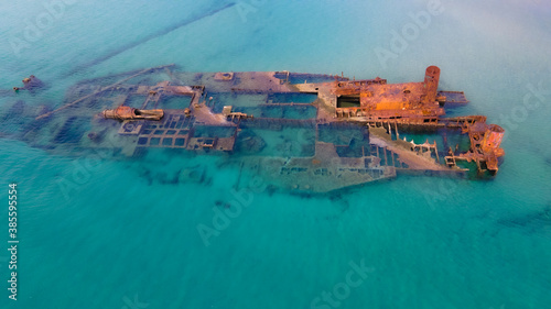 Drone pics over a shipwreck next to a tropical beach in Epanomi, Macedonia, Greece photo