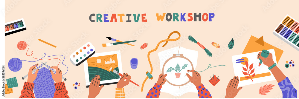 Kids painting, stitching, knitting and cutting colored paper, creative, top view workshop for children and on beige table. Horizontal banner template. Hand drawn illustration in flat cartoon style