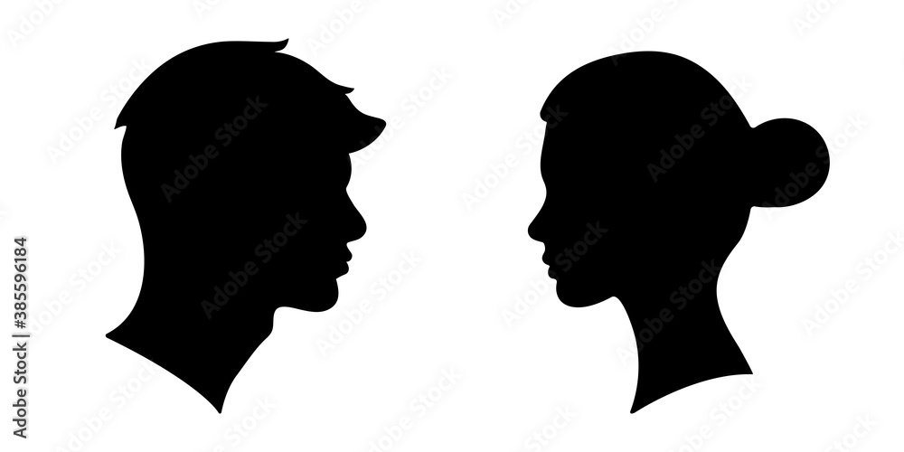 Man and woman head silhouettes. Male and Female profile. Gender, dating and love concept.