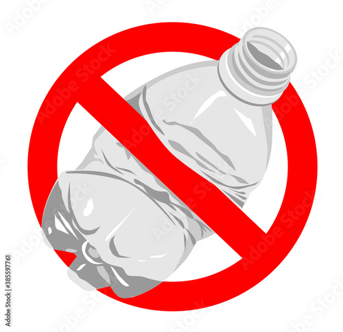 Red forbidden sign with trapped plastic bottle. Stop contamination