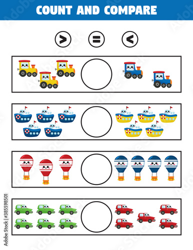 Greater than or less than game for children. Count and compare. Educational printable worksheet. Cute kawaii transportation - train, ship, hot air balloon and car.