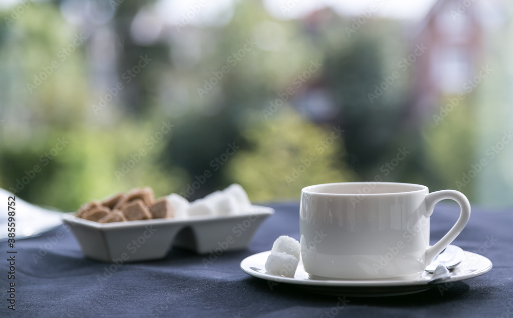 Single cup and saucer with sugar cubes for morning coffee break