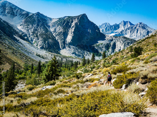 Hiker walks dog through field towards Middle Palisade