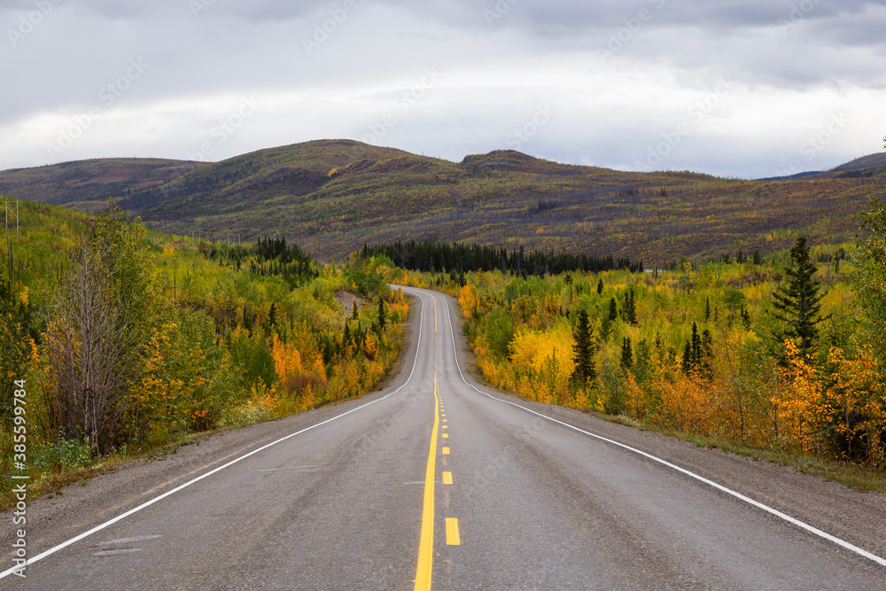 Fototapeta premium View of Scenic Road surrounded by Mountains and Trees on a Fall Day in Canadian Nature. Klondike Highway, Yukon, Canada.