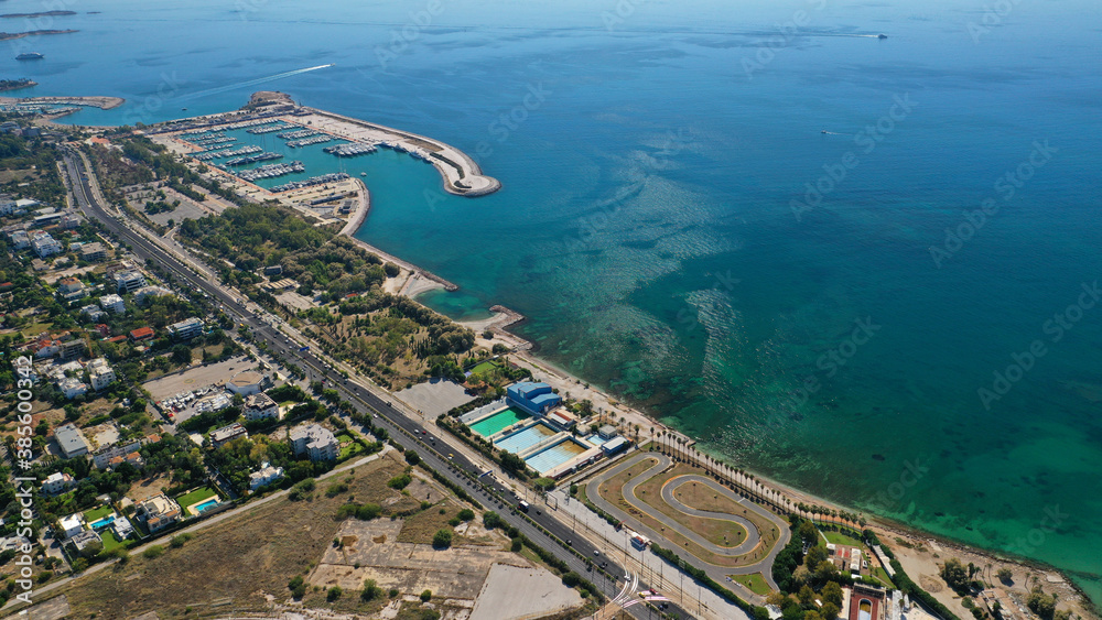 Aerial drone photo of famous seaside area of Athenian riviera of Agios Kosmas well known for former international airport of Athens, Attica, Greece