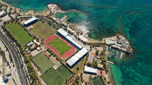 Aerial drone photo of famous seaside area of Athenian riviera of Agios Kosmas well known for former international airport of Athens, Attica, Greece photo