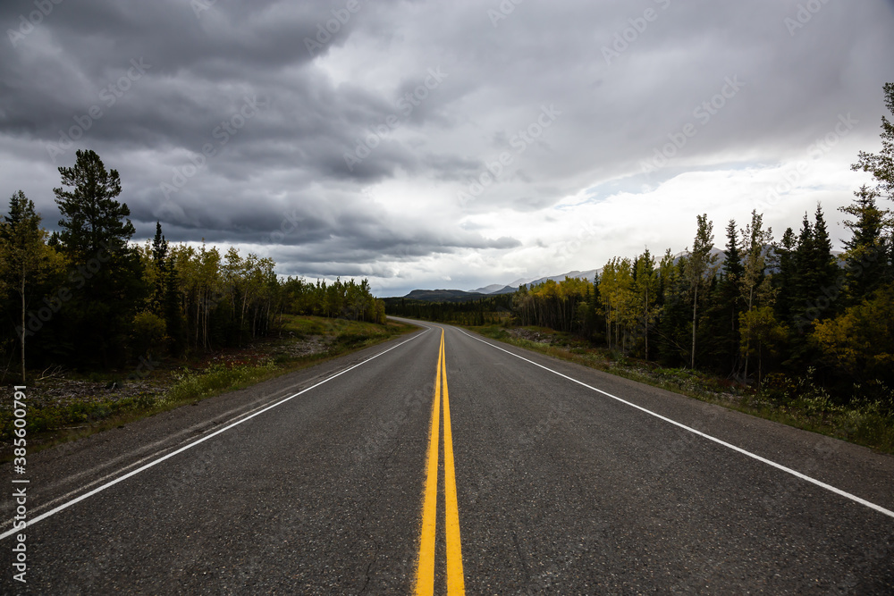 Naklejka premium View of Scenic Road surrounded by Mountains and Trees on a Fall Day in Canadian Nature. Klondike Highway, Yukon, Canada.