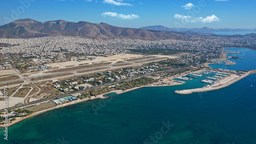 Aerial drone photo of Marina of Agios Kosmas and abandoned former international airport of Athens in Elliniko area, South Athens riviera, Attica, Greece photo