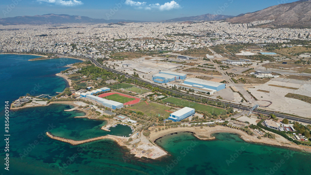 Obraz premium Aerial drone photo of famous seaside area of Athenian riviera of Agios Kosmas well known for former international airport of Athens, Attica, Greece