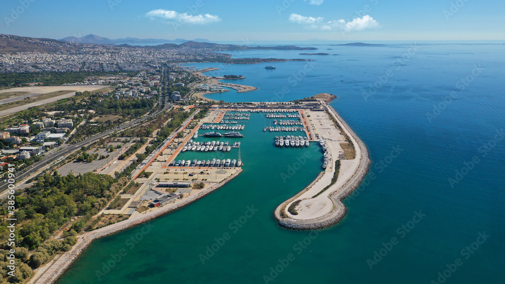Aerial drone photo of famous Marina of Agios Kosmas in Athens riviera area, Glifada, Attica, Greece