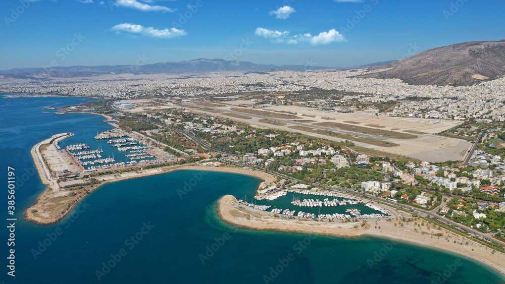 Fototapeta premium Aerial drone photo of Marina of Agios Kosmas and abandoned former international airport of Athens in Elliniko area, South Athens riviera, Attica, Greece