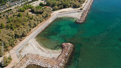 Aerial drone photo of famous seaside area of Athenian riviera of Agios Kosmas well known for former international airport of Athens, Attica, Greece