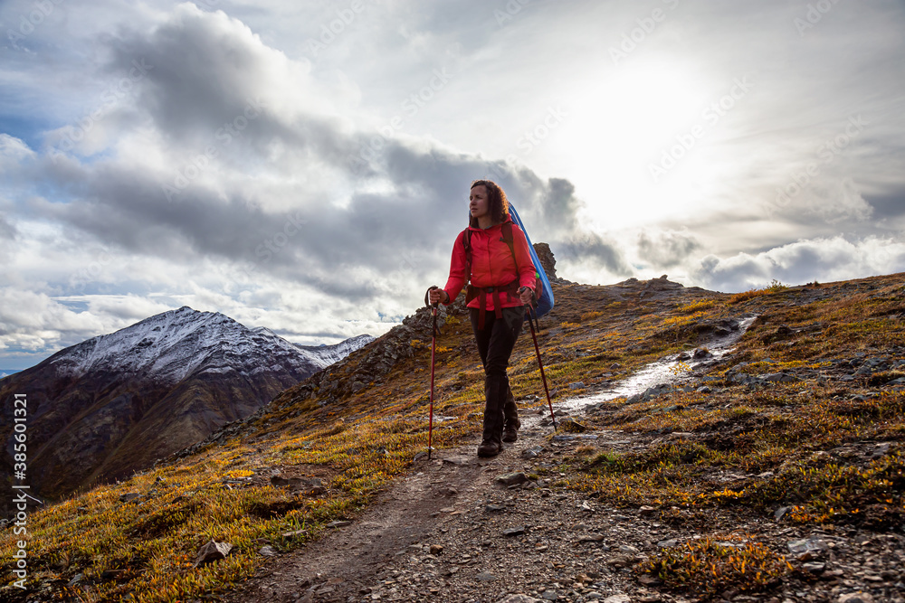 Woman Backpacking along Scenic Hiking Trail surrounded by Mountains in Canadian Nature. Season change from Fall to Winter. Taken in Tombstone Territorial Park, Yukon, Canada.